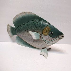 Vintage Painted Metal Fish Sculpture Art, 14.5", Rustic Coastal Beach Sea Decor